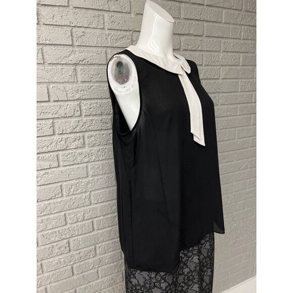 Vince Camuto Women Black White Sleeveless Sheer Chiffon Blouse Size L - Picture 4 of 7
